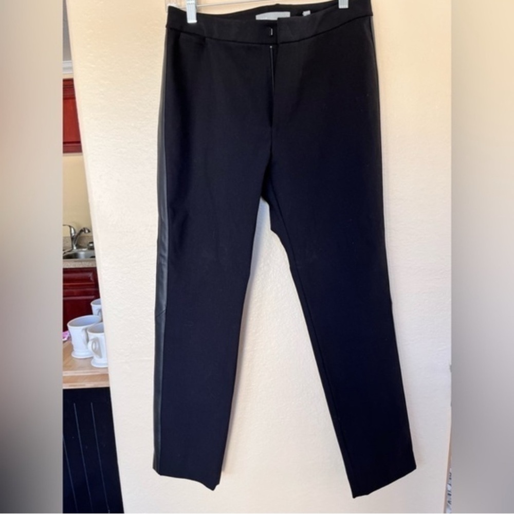 Vince Black Tabbed Closure Tuxedo Trouser Pants w Vegan Leather Side Stripe 10